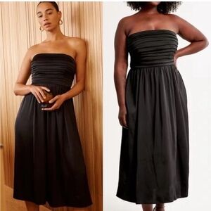 Abercrombie & Fitch Satin Emerson Ruched Strapless Midi Dress
